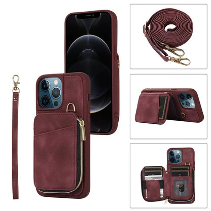 For iPhone 12 Pro Max Cell Phone Case with Strap PU Leather+TPU Kickstand Cover