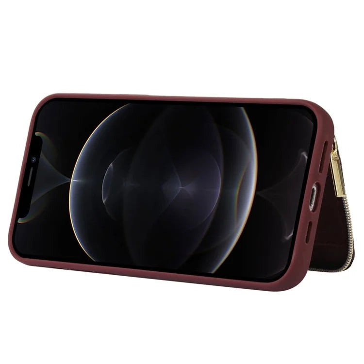 For iPhone 12 Pro Max Cell Phone Case with Strap PU Leather+TPU Kickstand Cover