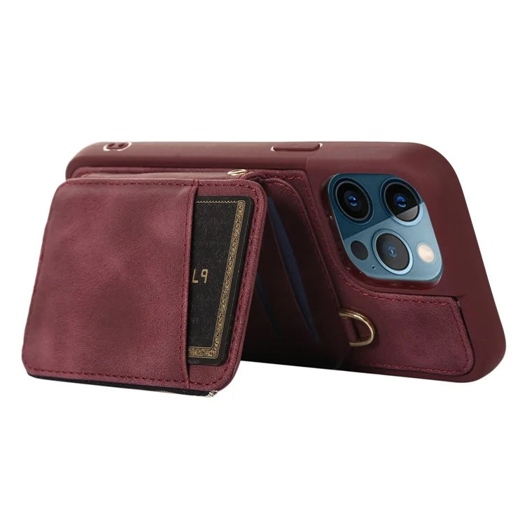 For iPhone 12 Pro Max Cell Phone Case with Strap PU Leather+TPU Kickstand Cover