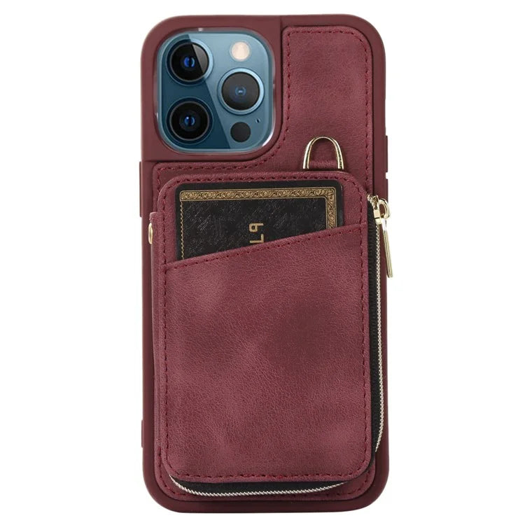 For iPhone 12 Pro Max Cell Phone Case with Strap PU Leather+TPU Kickstand Cover