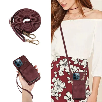 For iPhone 12 Pro Max Cell Phone Case with Strap PU Leather+TPU Kickstand Cover