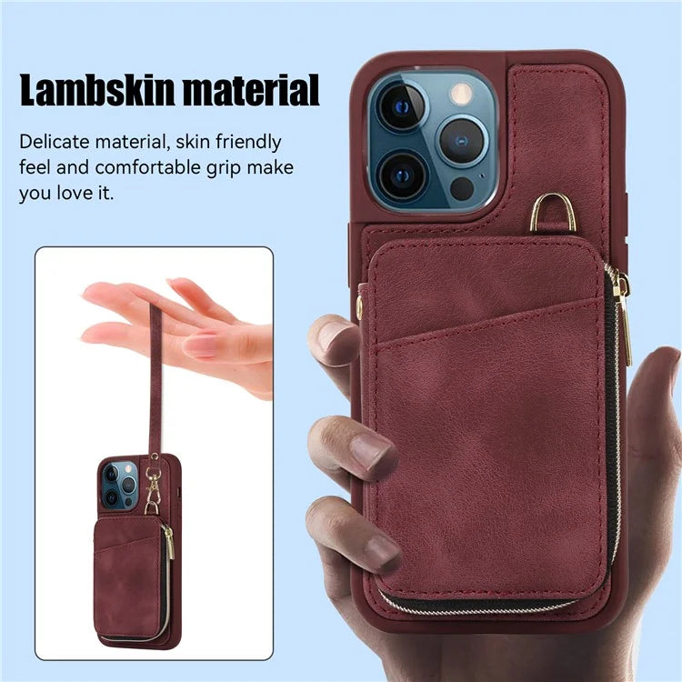 For iPhone 12 Pro Max Cell Phone Case with Strap PU Leather+TPU Kickstand Cover