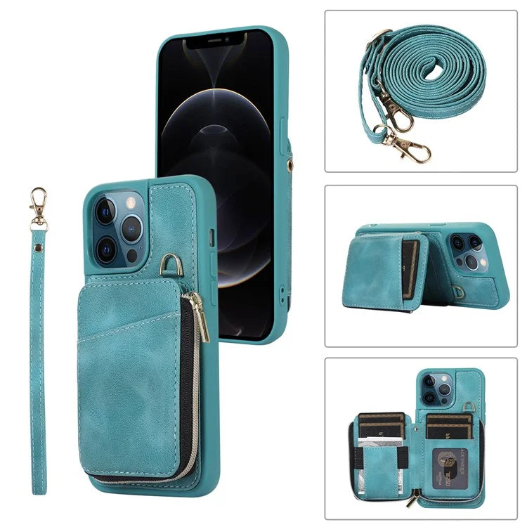 For iPhone 12 Pro Max Cell Phone Case with Strap PU Leather+TPU Kickstand Cover