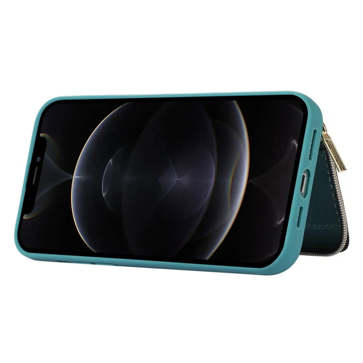 For iPhone 12 Pro Max Cell Phone Case with Strap PU Leather+TPU Kickstand Cover