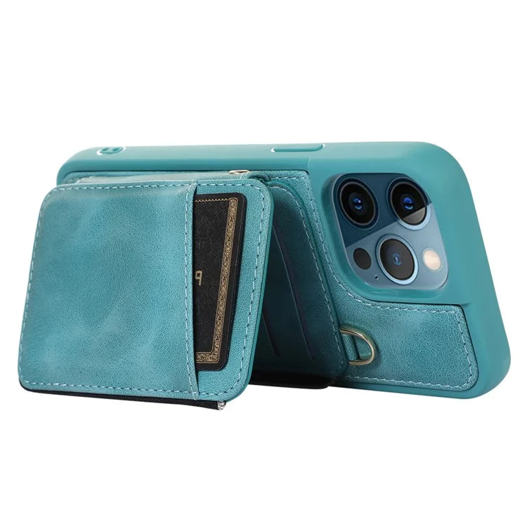For iPhone 12 Pro Max Cell Phone Case with Strap PU Leather+TPU Kickstand Cover