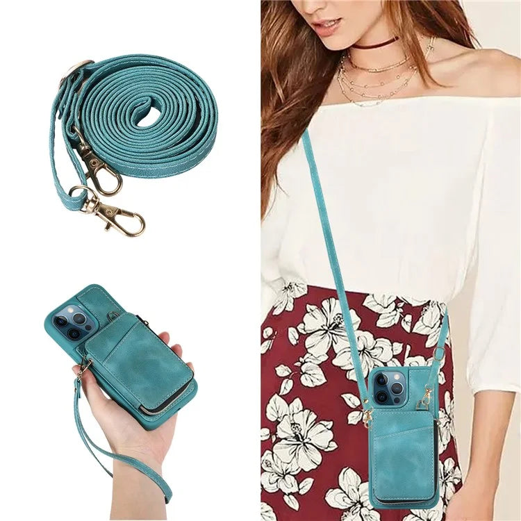 For iPhone 12 Pro Max Cell Phone Case with Strap PU Leather+TPU Kickstand Cover