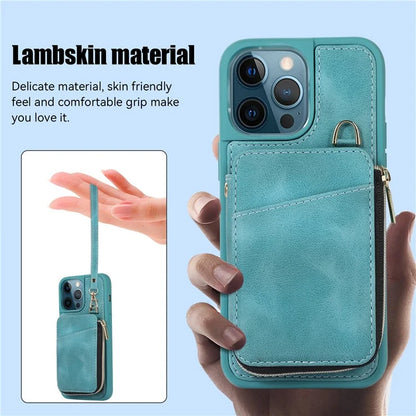 For iPhone 12 Pro Max Cell Phone Case with Strap PU Leather+TPU Kickstand Cover