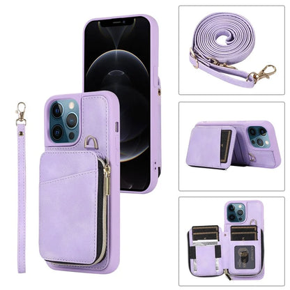 For iPhone 12 Pro Max Cell Phone Case with Strap PU Leather+TPU Kickstand Cover