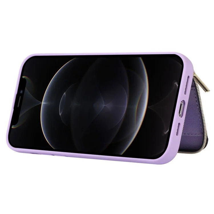 For iPhone 12 Pro Max Cell Phone Case with Strap PU Leather+TPU Kickstand Cover