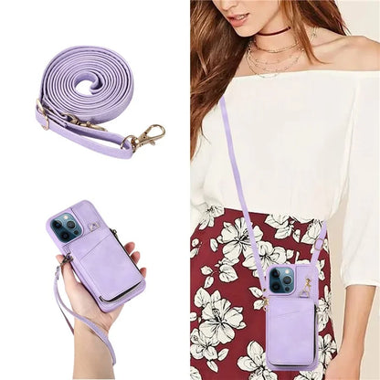 For iPhone 12 Pro Max Cell Phone Case with Strap PU Leather+TPU Kickstand Cover