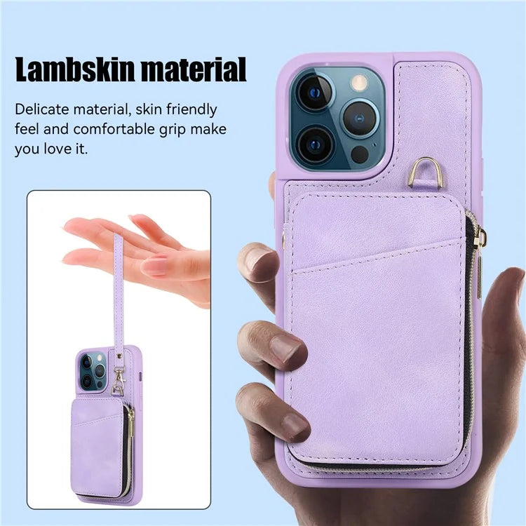 For iPhone 12 Pro Max Cell Phone Case with Strap PU Leather+TPU Kickstand Cover