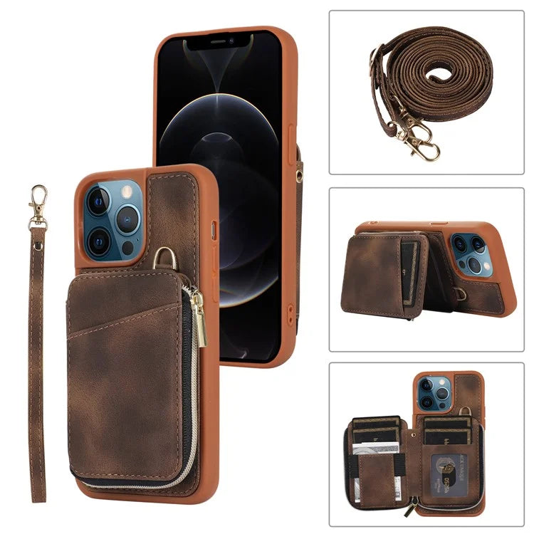 For iPhone 12 Pro Max Cell Phone Case with Strap PU Leather+TPU Kickstand Cover
