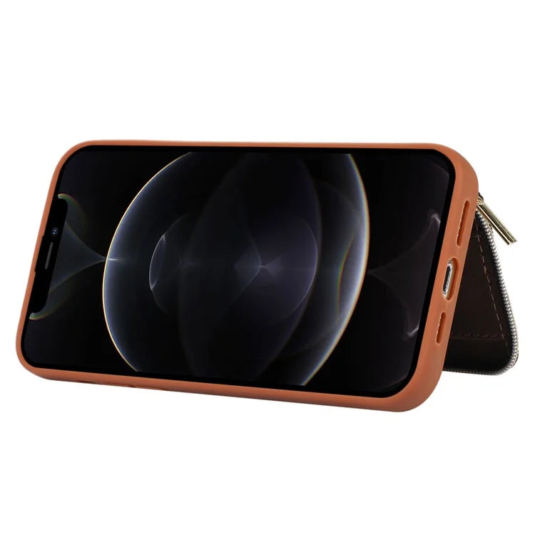 For iPhone 12 Pro Max Cell Phone Case with Strap PU Leather+TPU Kickstand Cover