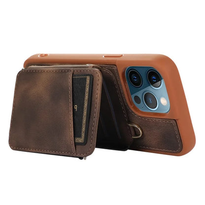 For iPhone 12 Pro Max Cell Phone Case with Strap PU Leather+TPU Kickstand Cover