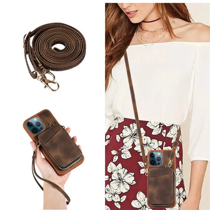 For iPhone 12 Pro Max Cell Phone Case with Strap PU Leather+TPU Kickstand Cover