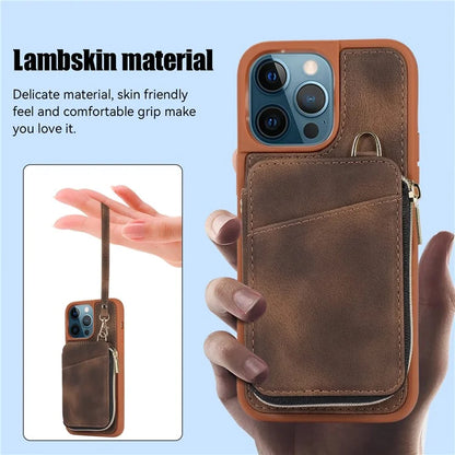 For iPhone 12 Pro Max Cell Phone Case with Strap PU Leather+TPU Kickstand Cover