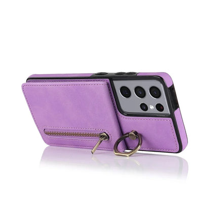 For Samsung Galaxy S21 Ultra 5G Case Ring Kickstand RFID Blocking PU+TPU Phone Cover