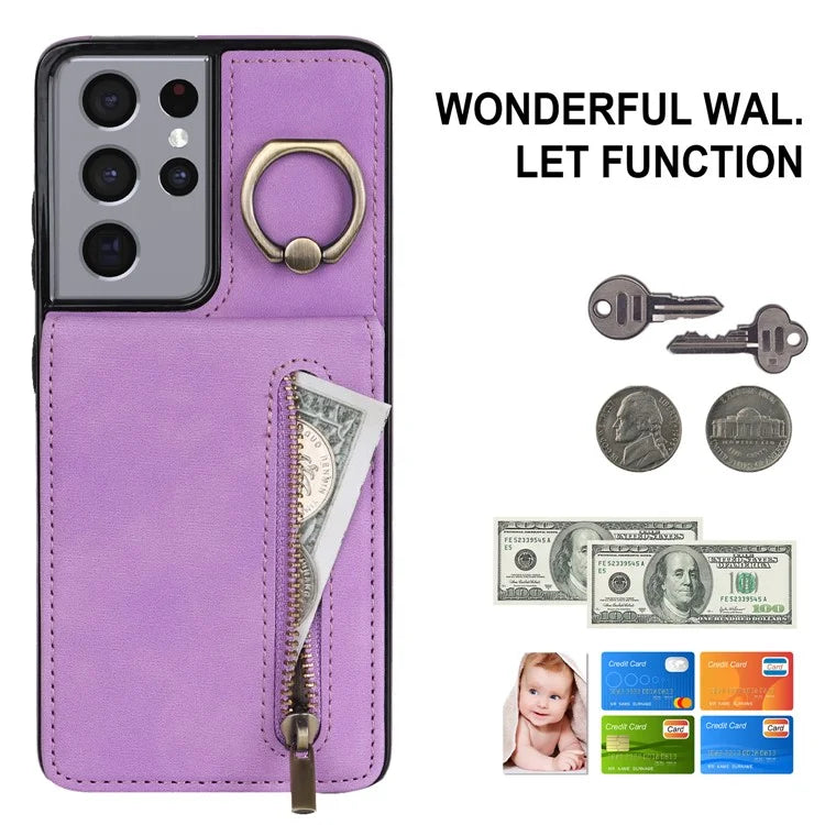 For Samsung Galaxy S21 Ultra 5G Case Ring Kickstand RFID Blocking PU+TPU Phone Cover