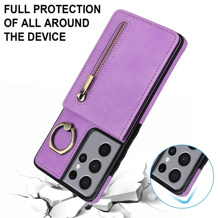 For Samsung Galaxy S21 Ultra 5G Case Ring Kickstand RFID Blocking PU+TPU Phone Cover