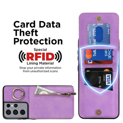 For Samsung Galaxy S21 Ultra 5G Case Ring Kickstand RFID Blocking PU+TPU Phone Cover