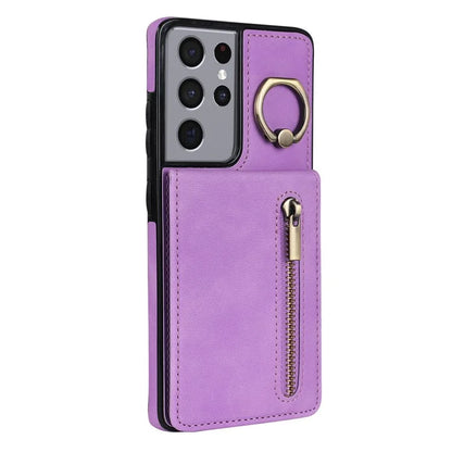 For Samsung Galaxy S21 Ultra 5G Case Ring Kickstand RFID Blocking PU+TPU Phone Cover