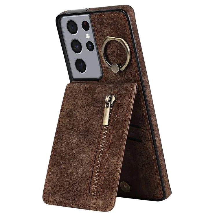 For Samsung Galaxy S21 Ultra 5G Case Ring Kickstand RFID Blocking PU+TPU Phone Cover