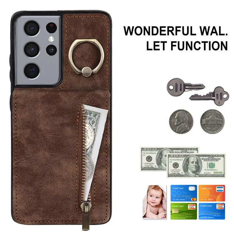 For Samsung Galaxy S21 Ultra 5G Case Ring Kickstand RFID Blocking PU+TPU Phone Cover