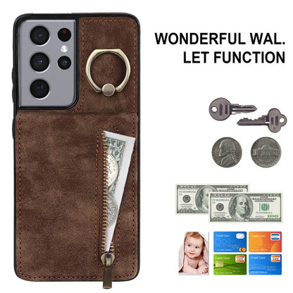 For Samsung Galaxy S21 Ultra 5G Case Ring Kickstand RFID Blocking PU+TPU Phone Cover