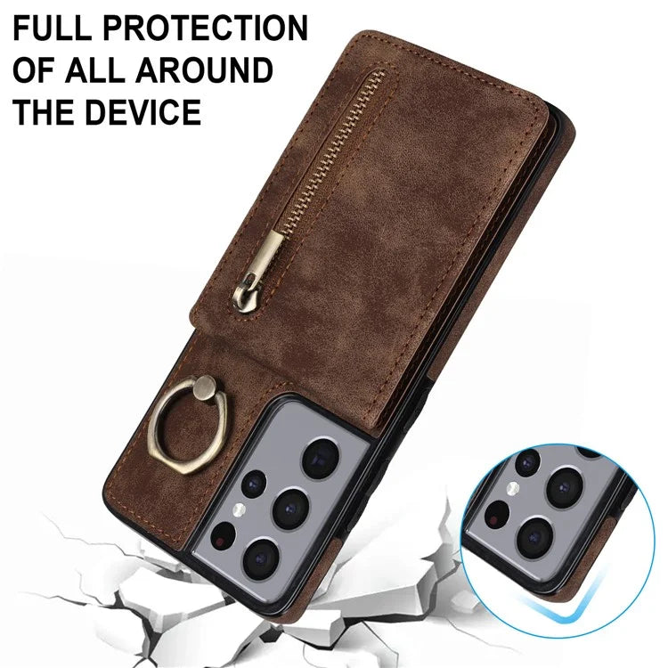 For Samsung Galaxy S21 Ultra 5G Case Ring Kickstand RFID Blocking PU+TPU Phone Cover