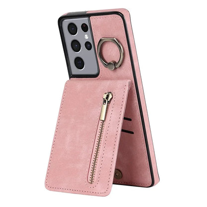For Samsung Galaxy S21 Ultra 5G Case Ring Kickstand RFID Blocking PU+TPU Phone Cover