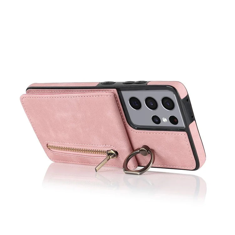 For Samsung Galaxy S21 Ultra 5G Case Ring Kickstand RFID Blocking PU+TPU Phone Cover