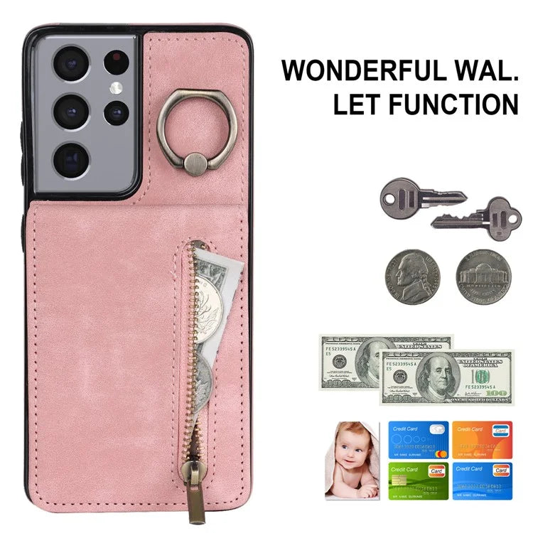 For Samsung Galaxy S21 Ultra 5G Case Ring Kickstand RFID Blocking PU+TPU Phone Cover