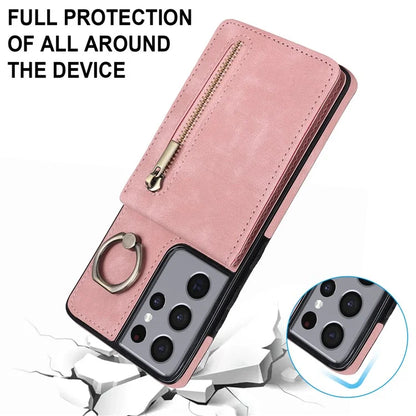 For Samsung Galaxy S21 Ultra 5G Case Ring Kickstand RFID Blocking PU+TPU Phone Cover