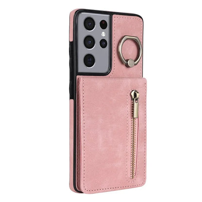 For Samsung Galaxy S21 Ultra 5G Case Ring Kickstand RFID Blocking PU+TPU Phone Cover