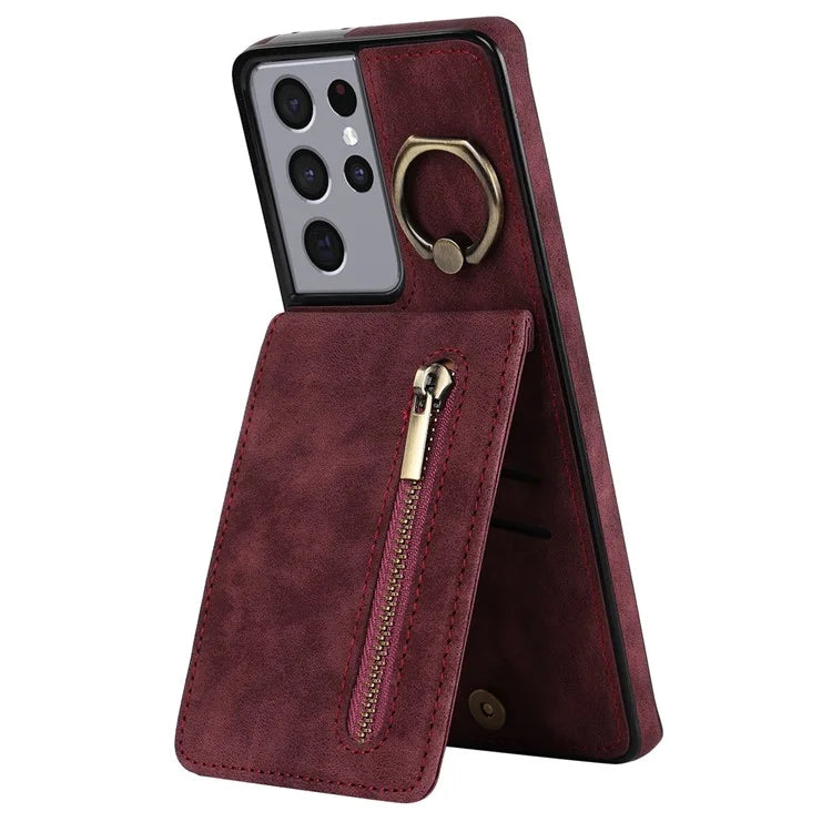 For Samsung Galaxy S21 Ultra 5G Case Ring Kickstand RFID Blocking PU+TPU Phone Cover