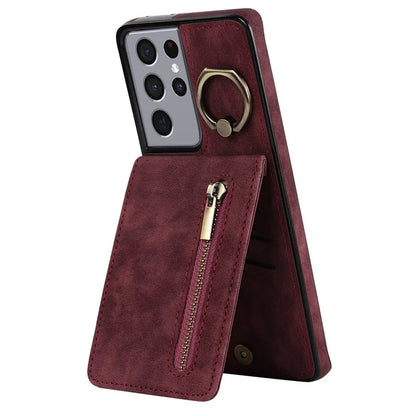 For Samsung Galaxy S21 Ultra 5G Case Ring Kickstand RFID Blocking PU+TPU Phone Cover