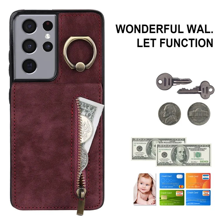 For Samsung Galaxy S21 Ultra 5G Case Ring Kickstand RFID Blocking PU+TPU Phone Cover
