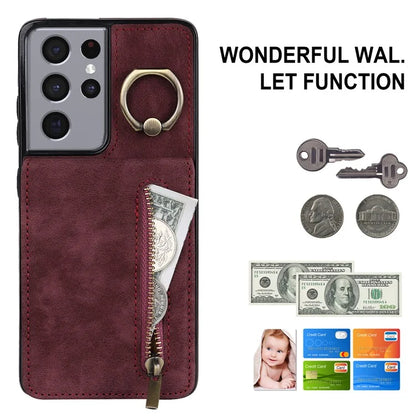 For Samsung Galaxy S21 Ultra 5G Case Ring Kickstand RFID Blocking PU+TPU Phone Cover