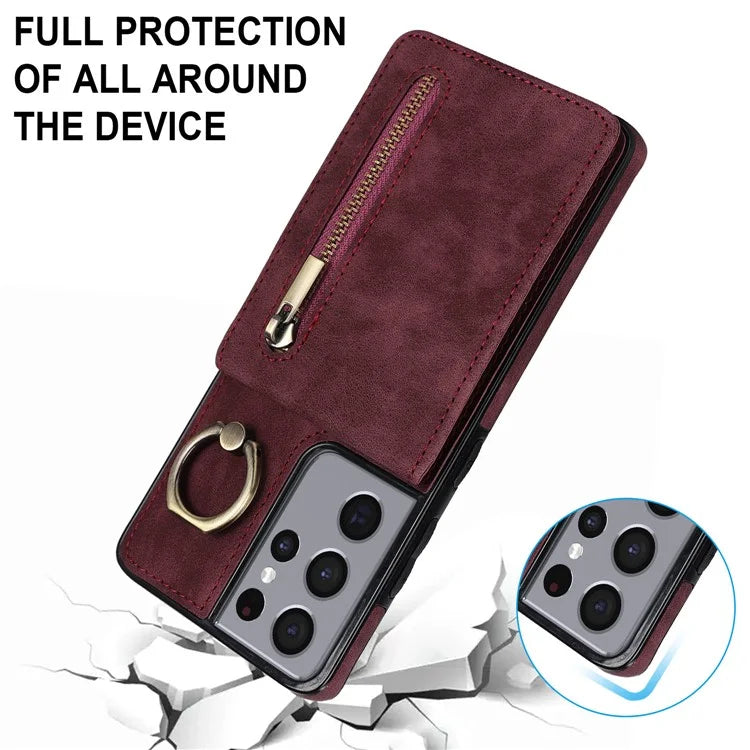 For Samsung Galaxy S21 Ultra 5G Case Ring Kickstand RFID Blocking PU+TPU Phone Cover
