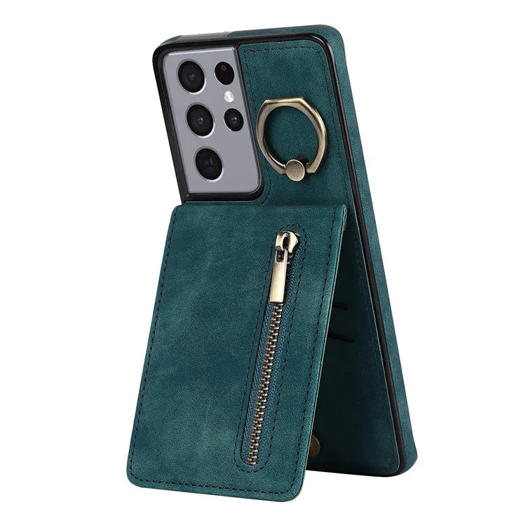 For Samsung Galaxy S21 Ultra 5G Case Ring Kickstand RFID Blocking PU+TPU Phone Cover