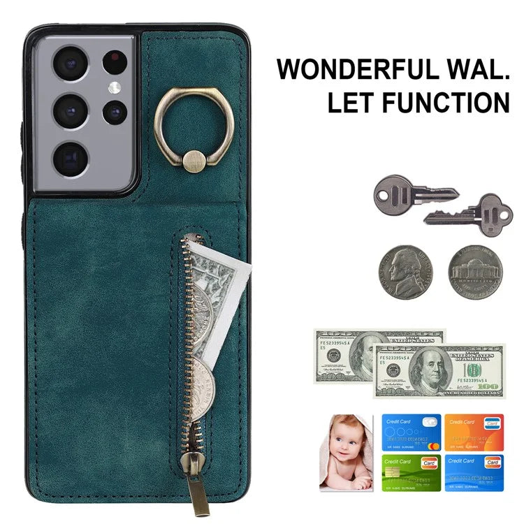 For Samsung Galaxy S21 Ultra 5G Case Ring Kickstand RFID Blocking PU+TPU Phone Cover