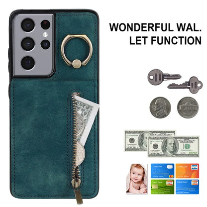 For Samsung Galaxy S21 Ultra 5G Case Ring Kickstand RFID Blocking PU+TPU Phone Cover