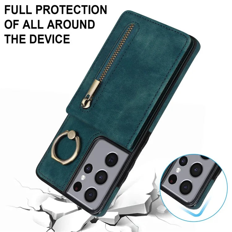 For Samsung Galaxy S21 Ultra 5G Case Ring Kickstand RFID Blocking PU+TPU Phone Cover
