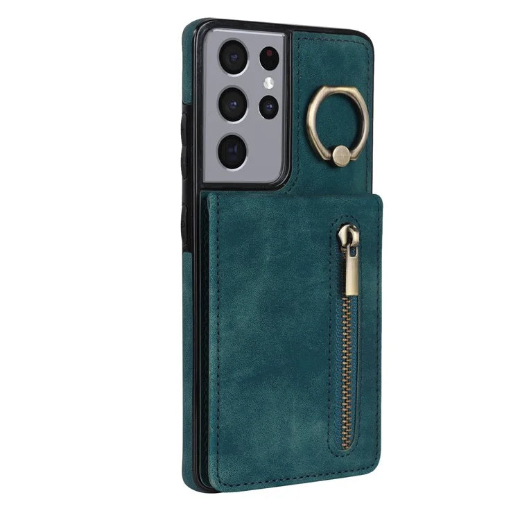 For Samsung Galaxy S21 Ultra 5G Case Ring Kickstand RFID Blocking PU+TPU Phone Cover