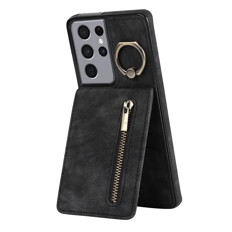 For Samsung Galaxy S21 Ultra 5G Case Ring Kickstand RFID Blocking PU+TPU Phone Cover