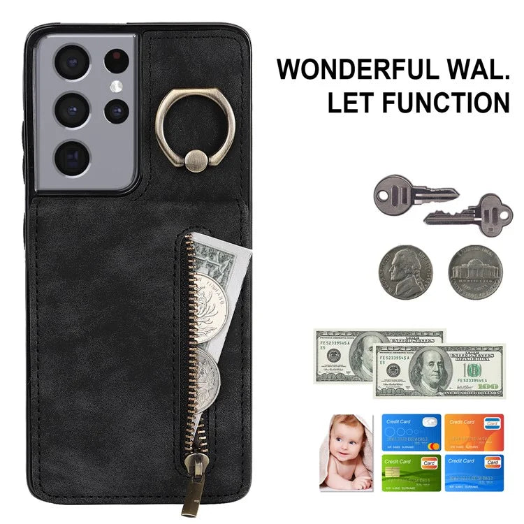 For Samsung Galaxy S21 Ultra 5G Case Ring Kickstand RFID Blocking PU+TPU Phone Cover