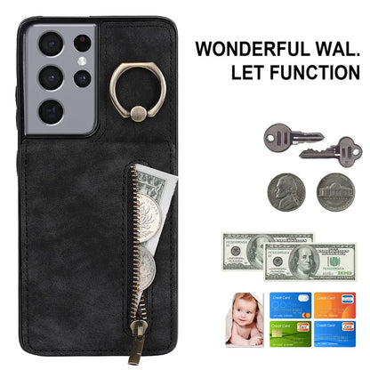 For Samsung Galaxy S21 Ultra 5G Case Ring Kickstand RFID Blocking PU+TPU Phone Cover