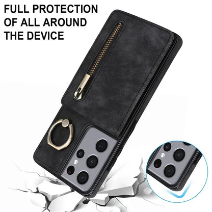 For Samsung Galaxy S21 Ultra 5G Case Ring Kickstand RFID Blocking PU+TPU Phone Cover