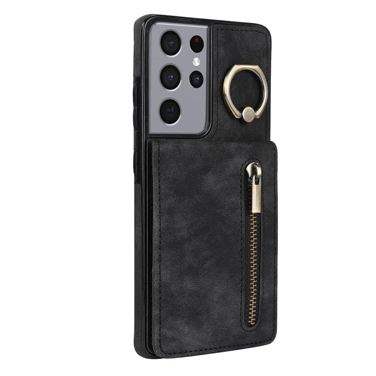 For Samsung Galaxy S21 Ultra 5G Case Ring Kickstand RFID Blocking PU+TPU Phone Cover
