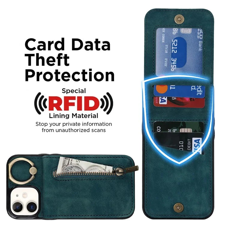 For iPhone 12 mini Cell Phone Case RFID Blocking PU+TPU Cover with Card Slots